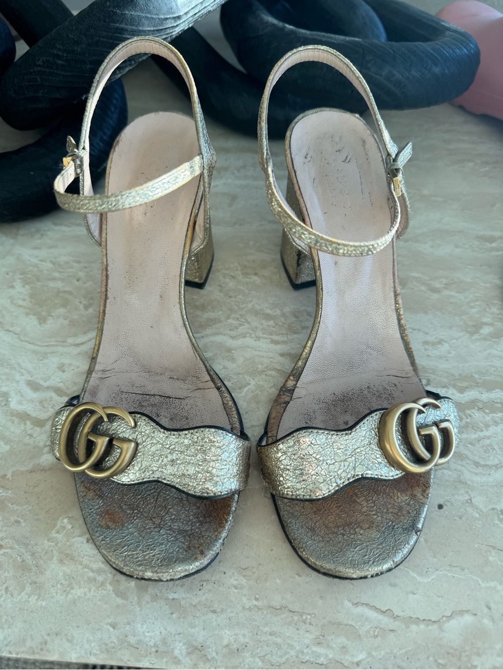 Gucci Metallic Gold Leather GG Marmont Ankle Strap Block Heel Sandals Size 38